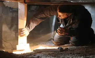 A professional inspecting wooden beams under the floor of a structure in Norfolk, VA